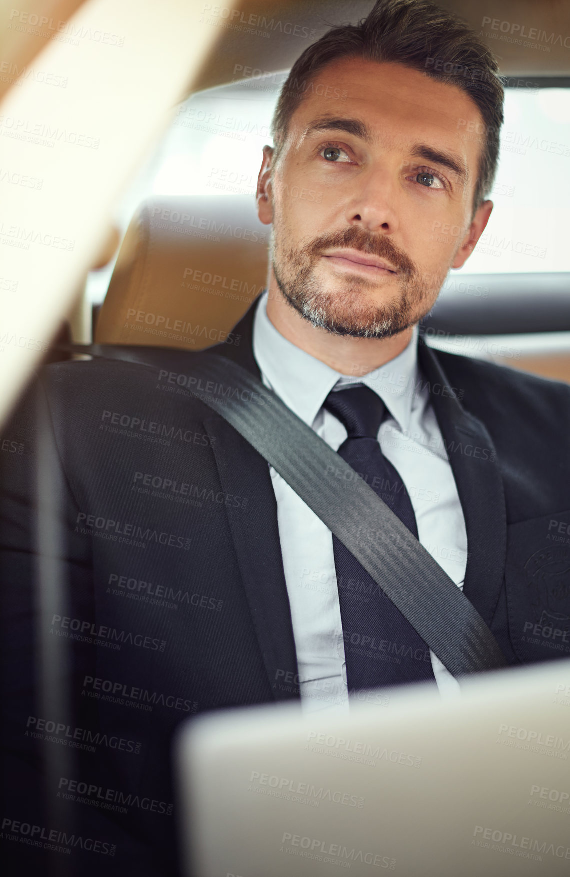 Buy stock photo Businessman, thinking and road trip with laptop for career opportunity, commute or travel in city. Man or employee in wonder or thought on computer for business decision, ride or transport in town