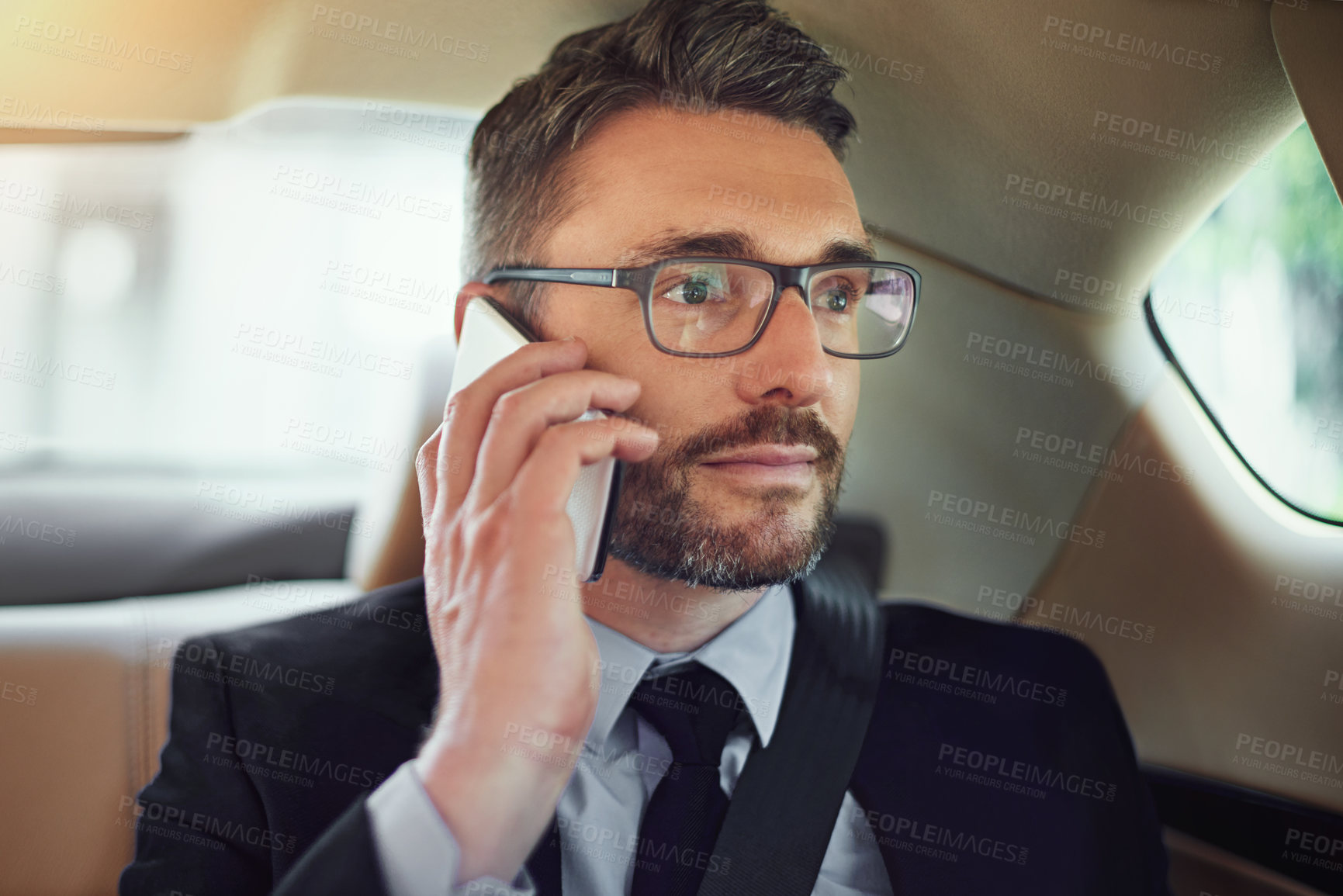 Buy stock photo Man, phone call and travel in car with thinking in conversation, networking or deal for company. Business person, vehicle and smartphone to listen, transport or commute with negotiation for agreement