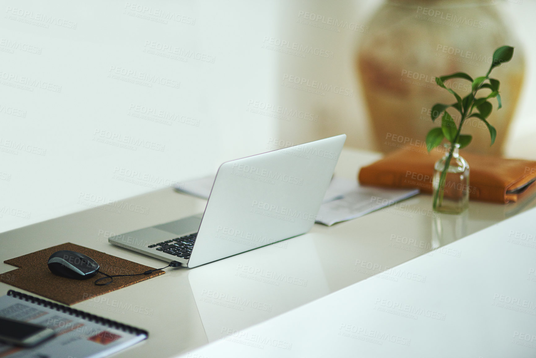 Buy stock photo Laptop, plant on table and empty house for remote work, internet and research. Computer, documents on desk and setup in home office with paper for freelance, email and technology in interior room