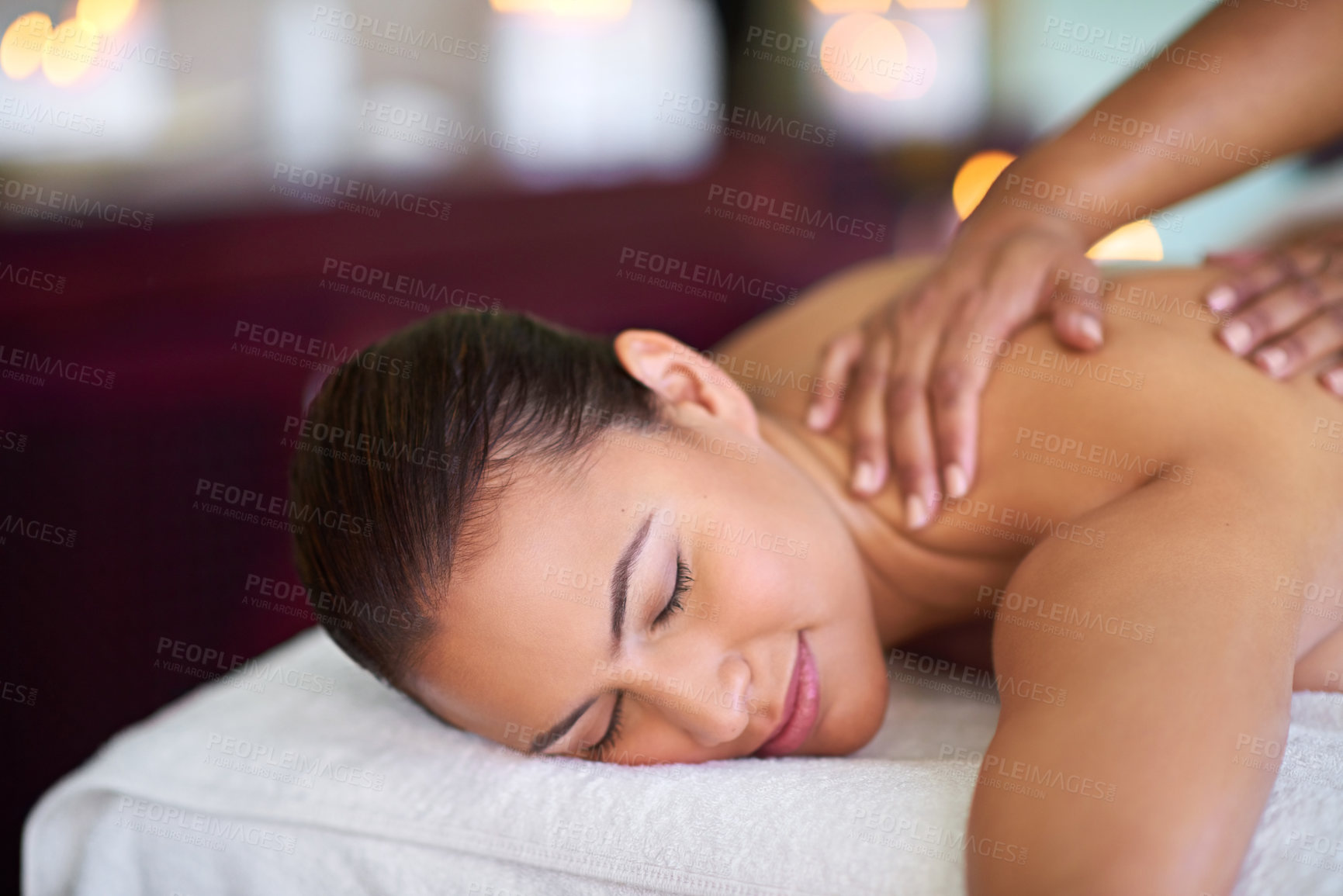 Buy stock photo Woman, relief or hands on back to massage or relax for body circulation treatment, pamper or muscle recovery. Calm, relax or masseuse for soothing therapy, holistic healing or service at beauty spa 