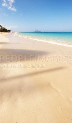 Buy stock photo Ocean, shoreline or island with sand, blue sky or paradise for vacation or environment to relax. Brazil, harmony or outdoor view of water, sea or beach in Rio de Janeiro with destination for travel