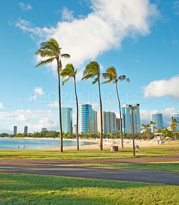 Buy stock photo Ocean, shoreline and city with palm trees, blue sky or grass for vacation trip and environment to relax. Brazil, nature and view of island, sea and beach in Rio de Janeiro with paradise for travel