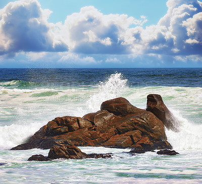 Buy stock photo Landscape, beach and ocean with blue sky, rocks and clouds for tropical holiday, nature and travel. Sea, water and waves outdoor in summer sunshine for luxury vacation, tourism and adventure in Ibiza