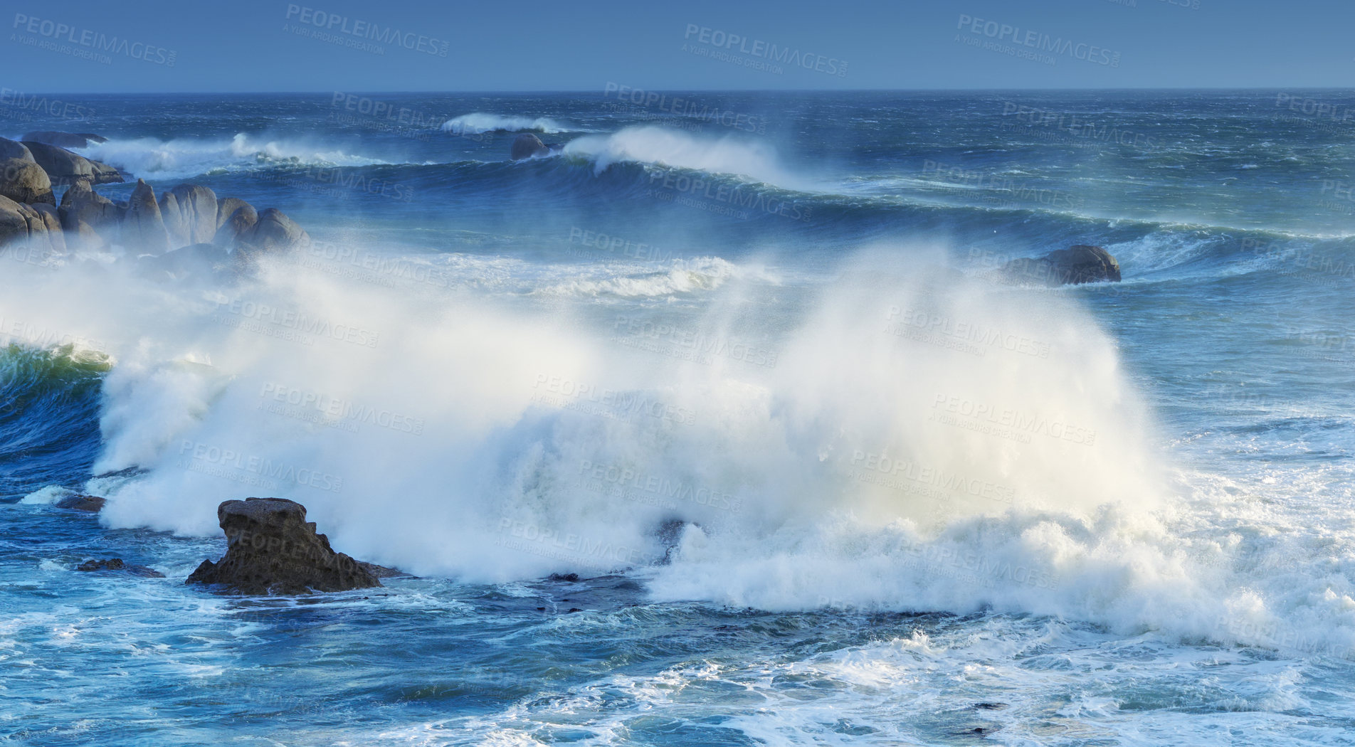 Buy stock photo Landscape, beach and waves with blue sky, rocks and clouds for tropical holiday, nature and travel. Sea, water and ocean outdoor in summer sunshine for luxury vacation, tourism and adventure in Ibiza