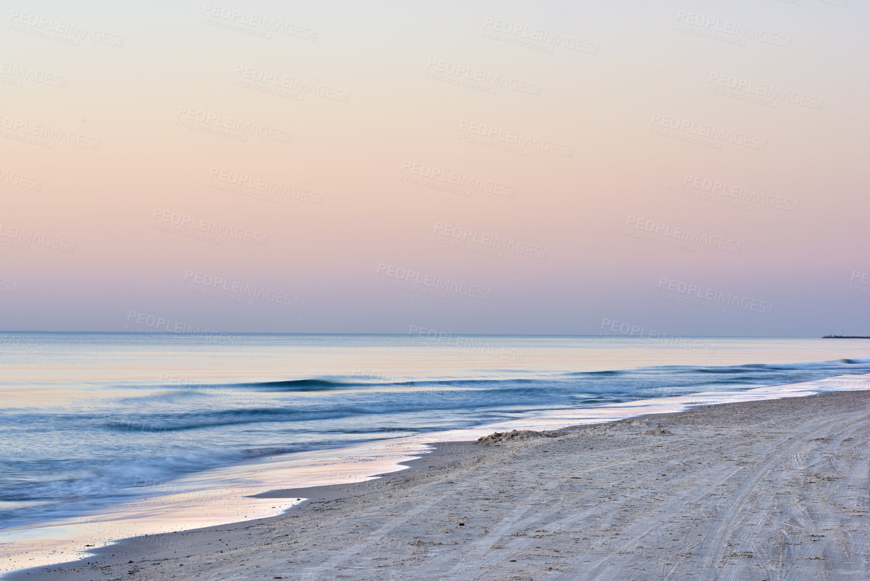Buy stock photo Landscape, beach and sand with blue sky, waves and clouds for tropical holiday, nature and travel. Sea, water and peace outdoor with mockup space for summer vacation, tourism and adventure in Ibiza