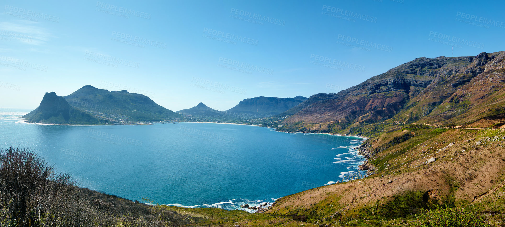 Buy stock photo Ocean, environment and landscape of mountain in nature for ecology, sustainability and growth. Habitat conservation, sea preservation and biodiversity with travel and sky for ecotourism background