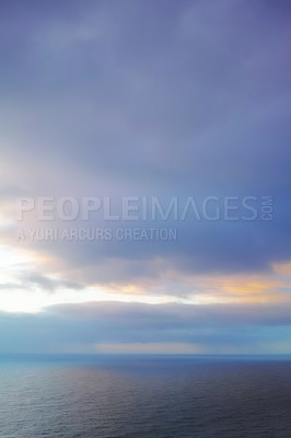 Buy stock photo Landscape, ocean and clouds with blue sky, peace and calm for tropical holiday, nature and travel. Sea, water and location outdoor in summer time for luxury vacation, tourism and adventure in Ibiza