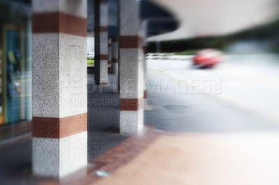 Buy stock photo Fast traffic, street blur and busy road by city buildings, transport development and speed moving networking. Infrastructure, connection and travel for location, trip and discovery for exploration