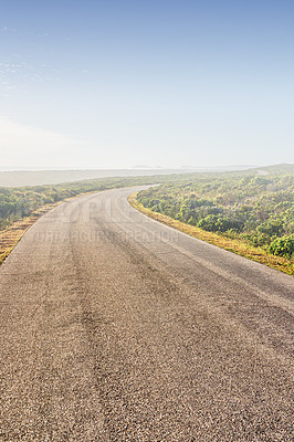 Buy stock photo Outdoor, countryside and road with nature for trip, drive and travel on holiday in Arizona. Outside, adventure and tourism with asphalt for highway, transportation and vacation in rural areas