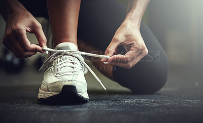 Buy stock photo Woman tie shoe laces, hands and fitness with athlete in gym and sports with training for health. Closeup of runner sneakers, start workout in exercise studio with healthy and active female person