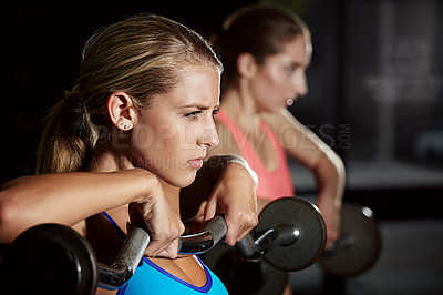 Buy stock photo Shot of two young women working out with weights at the gym