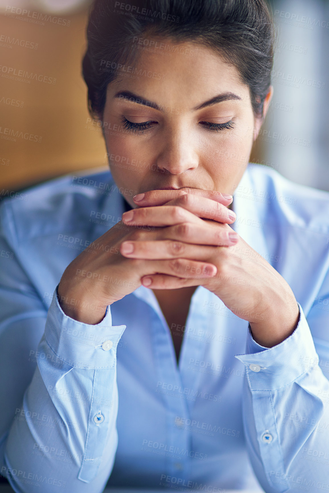 Buy stock photo Business woman, thinking and stress with debt, anxiety or financial crisis at office. Young female person or employee in wonder, thought or depression for finance, bankruptcy or mistake at workplace