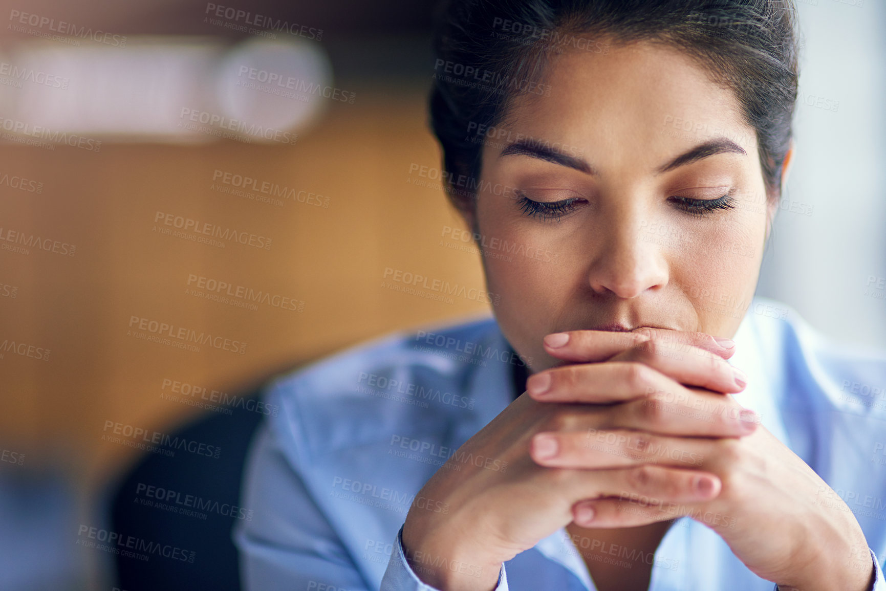 Buy stock photo Business woman, thinking and anxiety with debt, stress or financial crisis at office. Young female person or employee in wonder, thought or depression for finance, bankruptcy or mistake at workplace