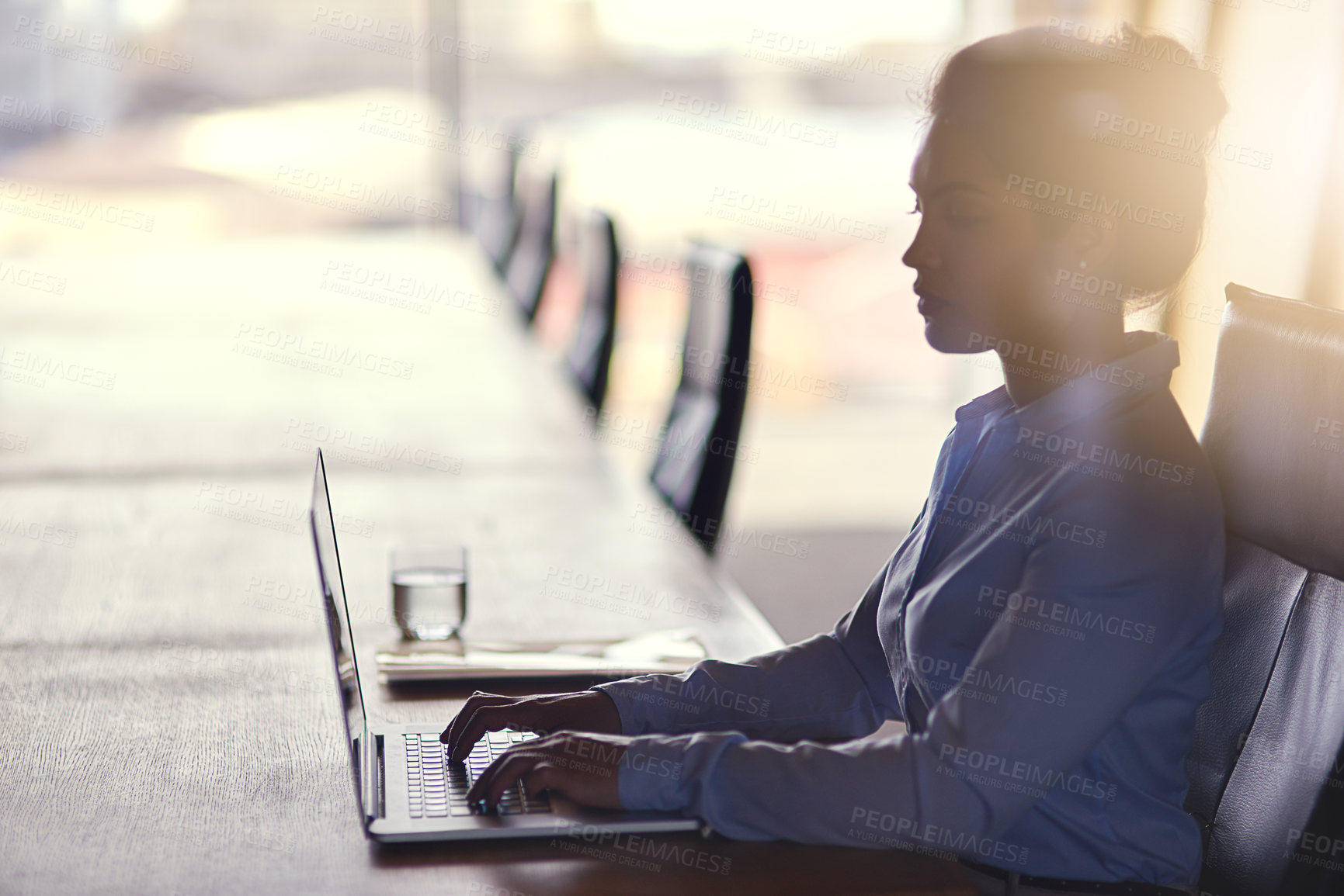 Buy stock photo Water, laptop and business woman typing by desk in office for research on corporate company policy review. Technology, hydration and female lawyer working on computer for legal case with beverage.