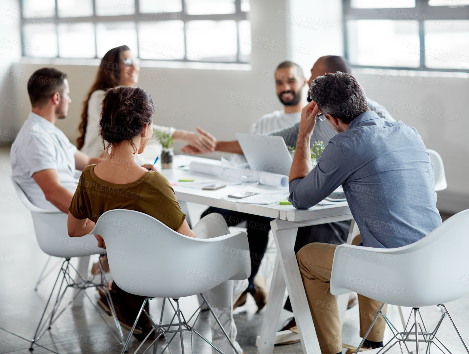 Buy stock photo Business, people and happy with handshake on meeting congratulations on deal and opportunity. Meeting, thank you and success with partnership, support and agreement for teamwork and collaboration