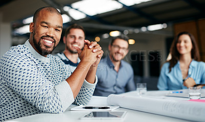 Buy stock photo Portrait of a group of coworkers having a meeting in an open plan office