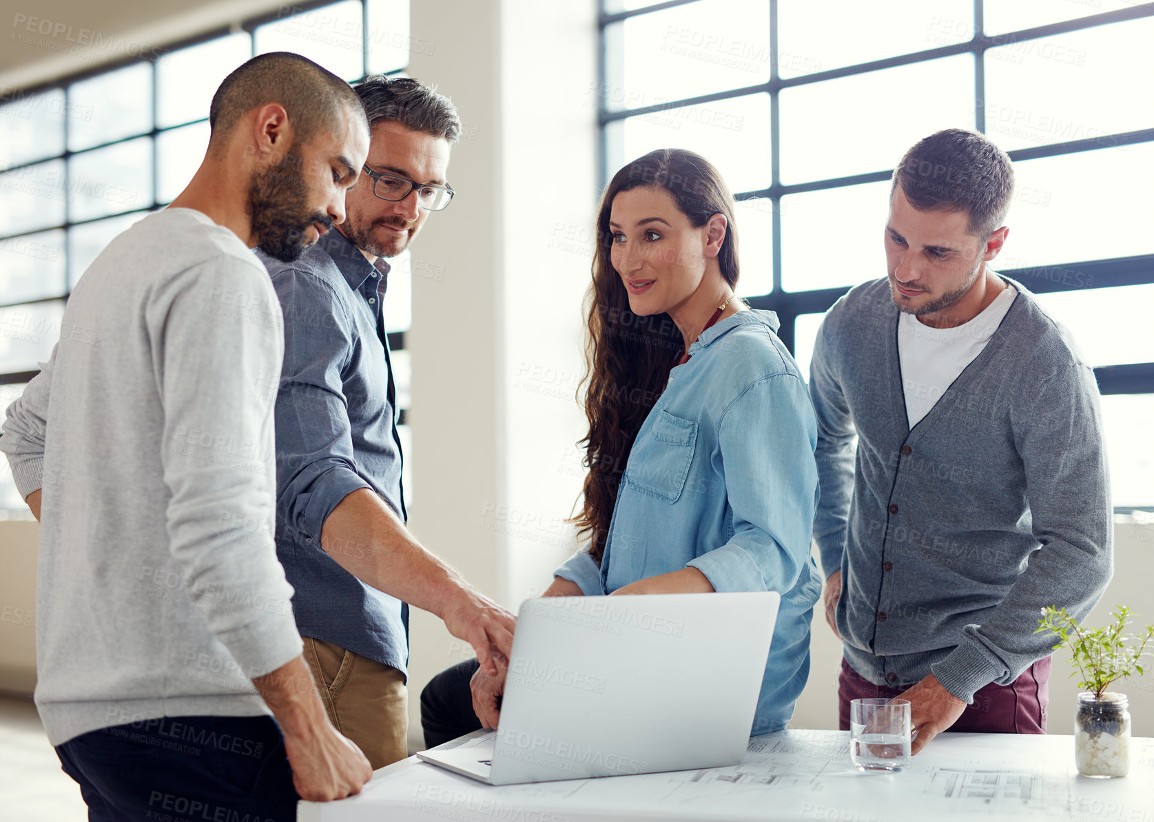 Buy stock photo Business, people and happy on laptop at office in meeting with teamwork, collaboration and ideas web designer. Employees, coworking and smile in boardroom on website for review on creative project