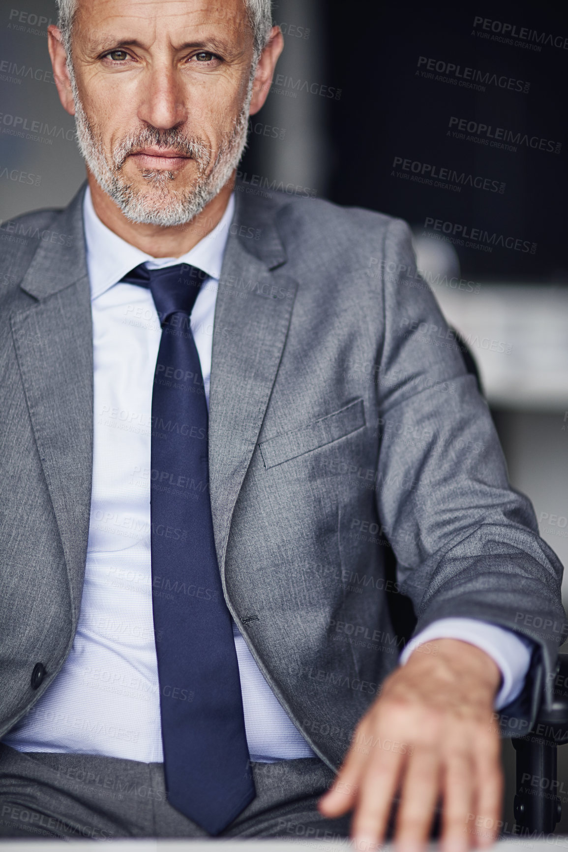 Buy stock photo Mature businessman, portrait and leader with confidence for career mission, goals or corporate management at office. Serious man, CEO or executive in suit, fashion or business attire at workplace