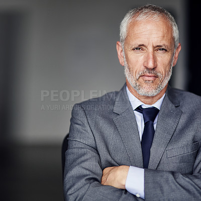 Buy stock photo Mature, businessman and portrait or serious with arms crossed for career confidence and corporate finance. Professional, CEO and mockup with pride in office for company growth and project management