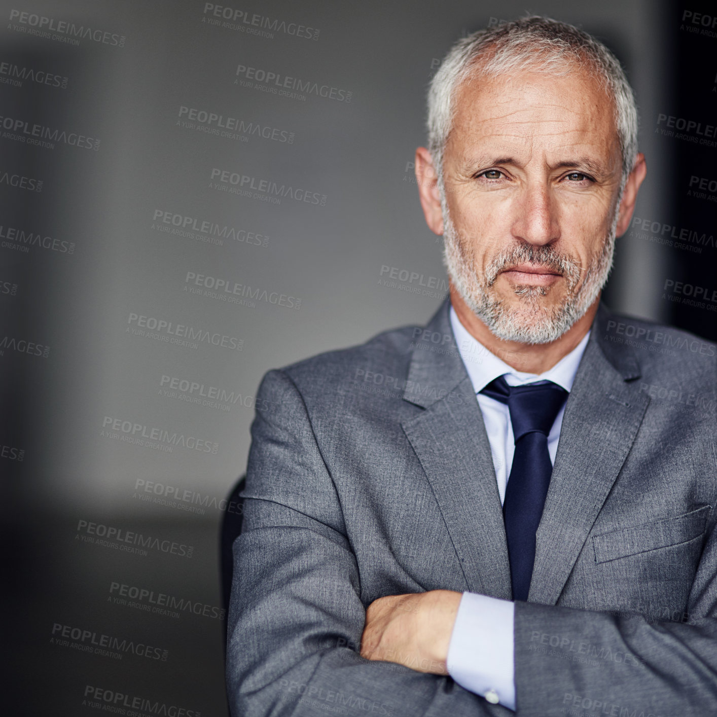 Buy stock photo Mature, businessman and portrait or serious with arms crossed for career confidence and corporate finance. Professional, CEO and mockup with pride in office for company growth and project management