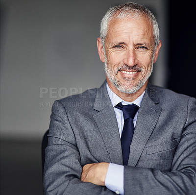 Buy stock photo Mature businessman, portrait and leader with arms crossed in confidence for career, job or corporate management at office. Happy man, CEO or executive in suit with smile for business at workplace