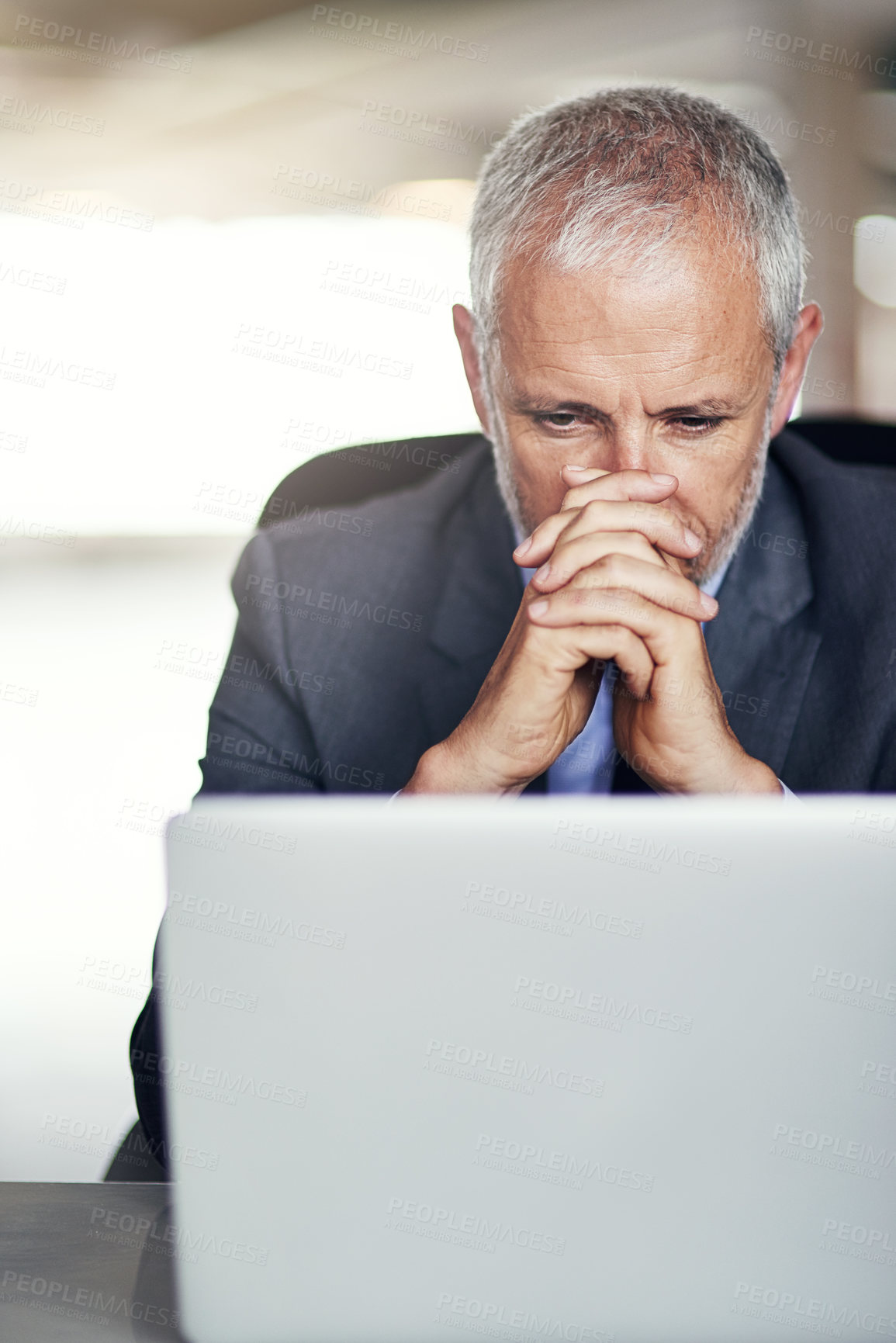 Buy stock photo Thinking, stress and mature businessman in office with laptop for stock market news, results or nervous for feedback. Anxiety, fear and broker online with pc for investment, deal or financial risk