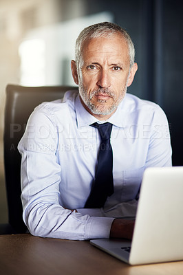 Buy stock photo Laptop, confidence and portrait of man in office with email, about us and proud director at law firm. Legal consultant, lawyer or mature businessman at desk with computer for online project manager