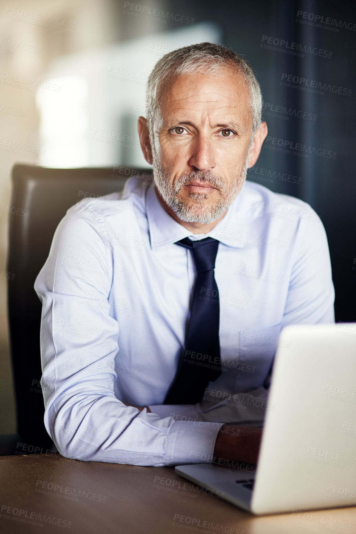 Buy stock photo Laptop, confidence and portrait of man in office with email, about us and proud director at law firm. Legal consultant, lawyer or mature businessman at desk with computer for online project manager