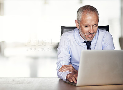 Buy stock photo Laptop, research and mature man at desk with thinking, typing and director networking at law firm. Legal consultant, lawyer or happy businessman in office with computer for email, report and review