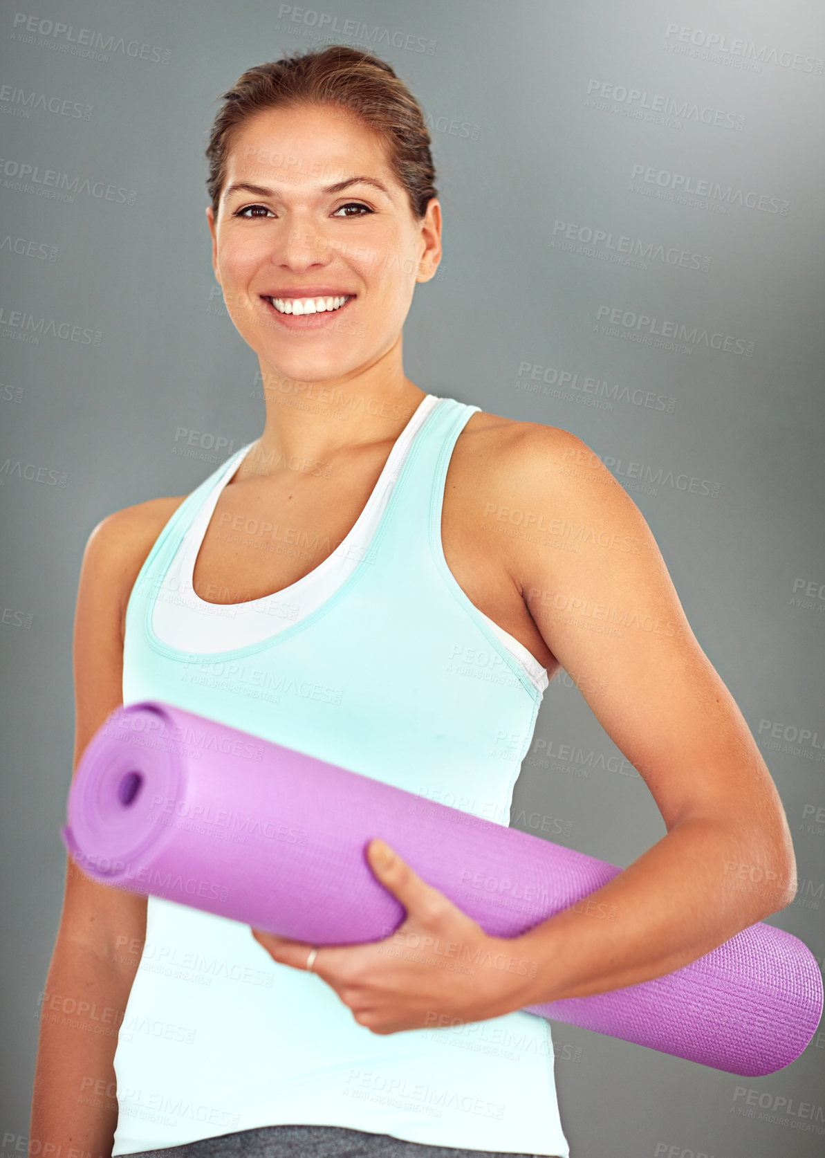 Buy stock photo Woman, smile and yoga mat on gray background for exercise, wellness and health as morning routine. Female person, portrait and pilates with equipment or happiness for challenge, fitness or self care