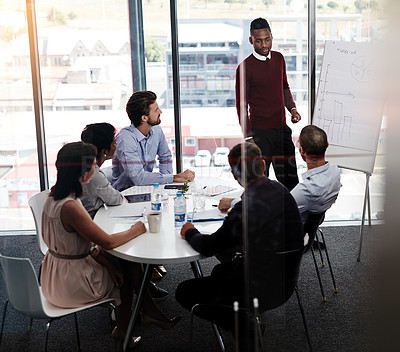 Buy stock photo Business, employees and whiteboard with graphs in boardroom for report and feedback on company growth. People, partners and meeting with strategy, planning and collaboration or teamwork at office