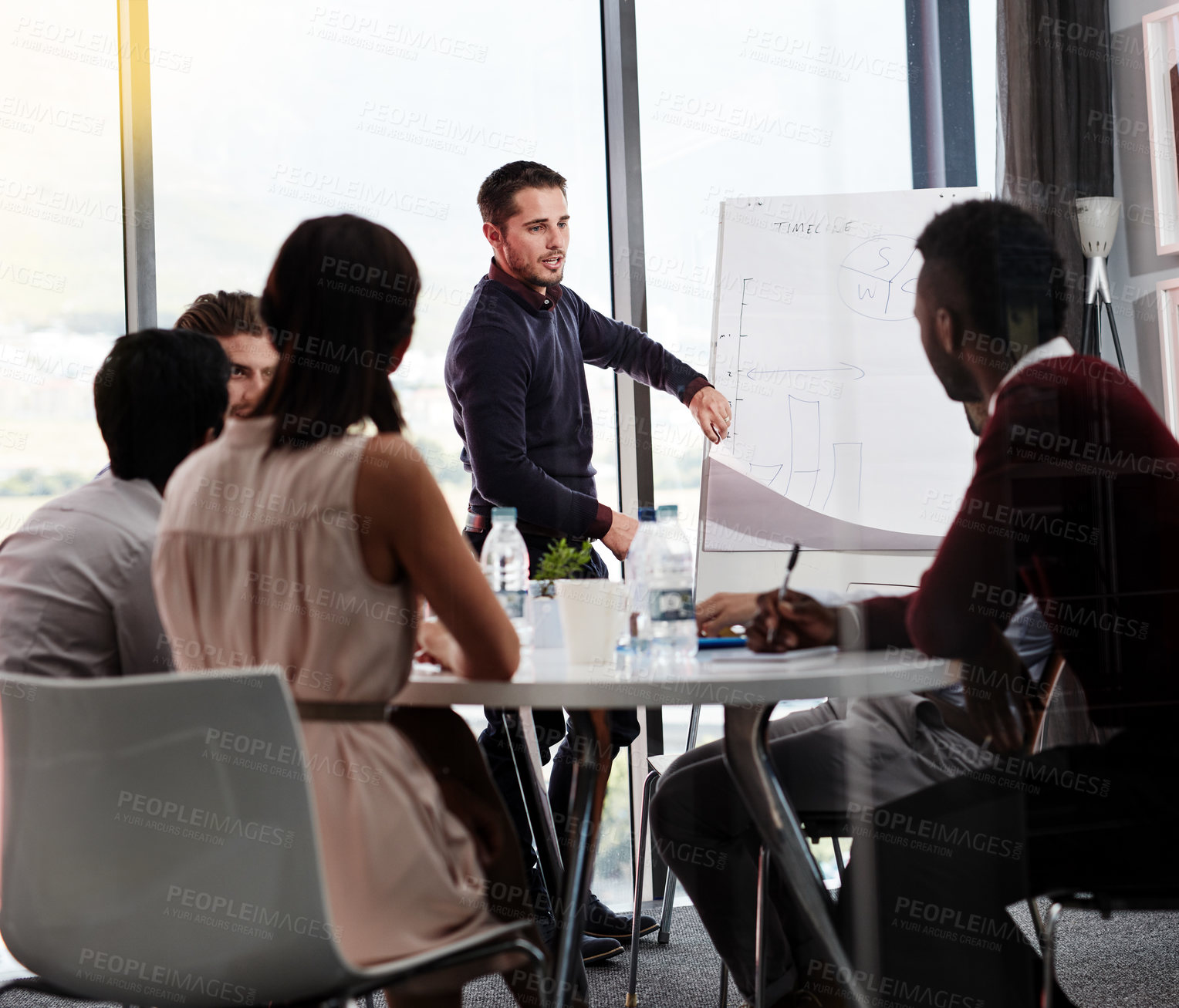 Buy stock photo Business, employees and whiteboard with chart in boardroom for report and feedback on company growth. People, partners and meeting with strategy, planning and collaboration or teamwork at office