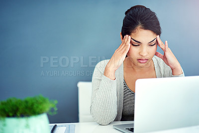 Buy stock photo Business woman, headache and pain with laptop, office and hands for mistake, anxiety or stress at startup. Young businesswoman, burnout and pain with fatigue, frustrated and glitch on pc in workplace