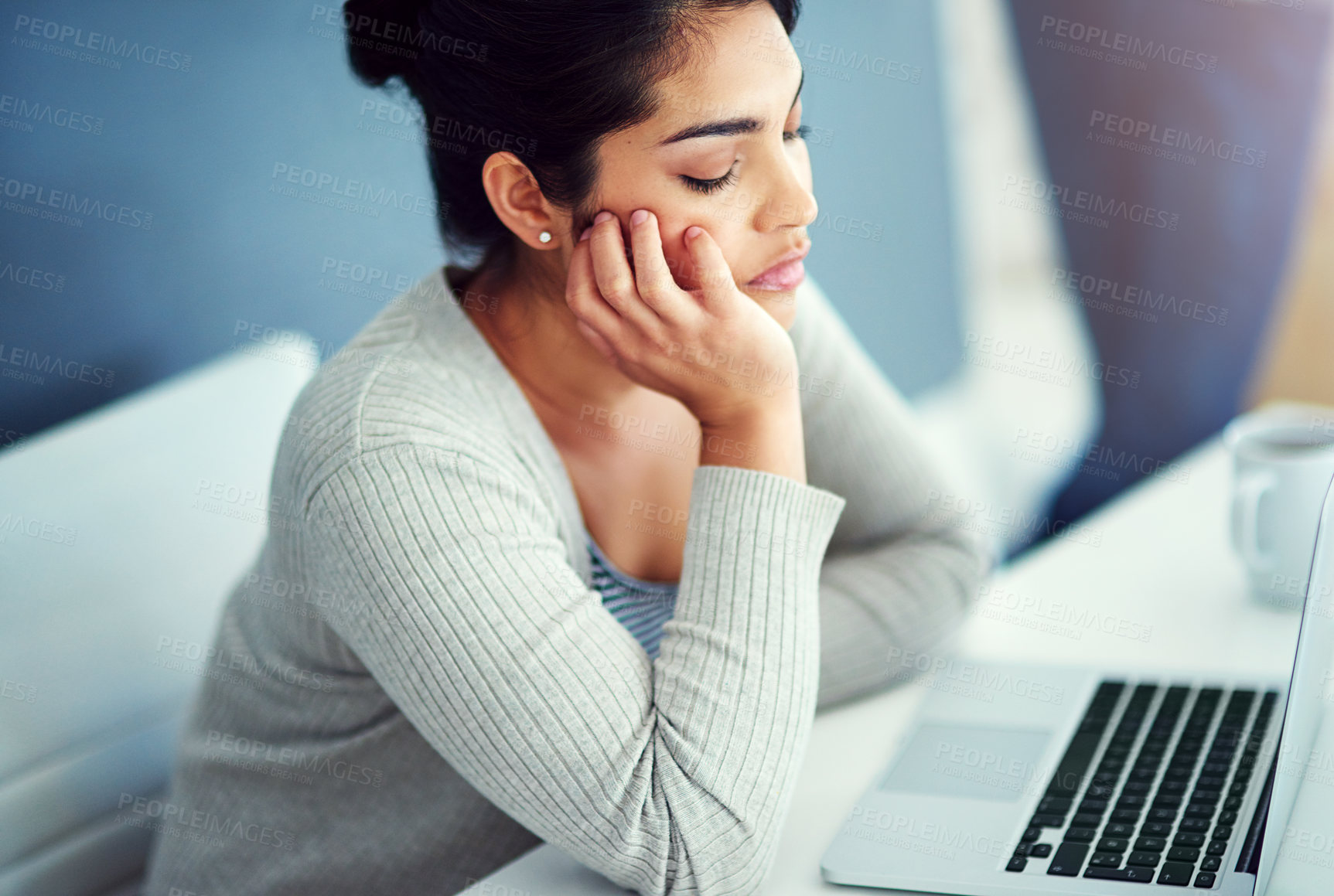 Buy stock photo Business woman, bored and sleeping by laptop with dream, thinking or copywriting idea at home. Sad freelancer, editor or online writer with fatigue, tired or search for new career path or opportunity