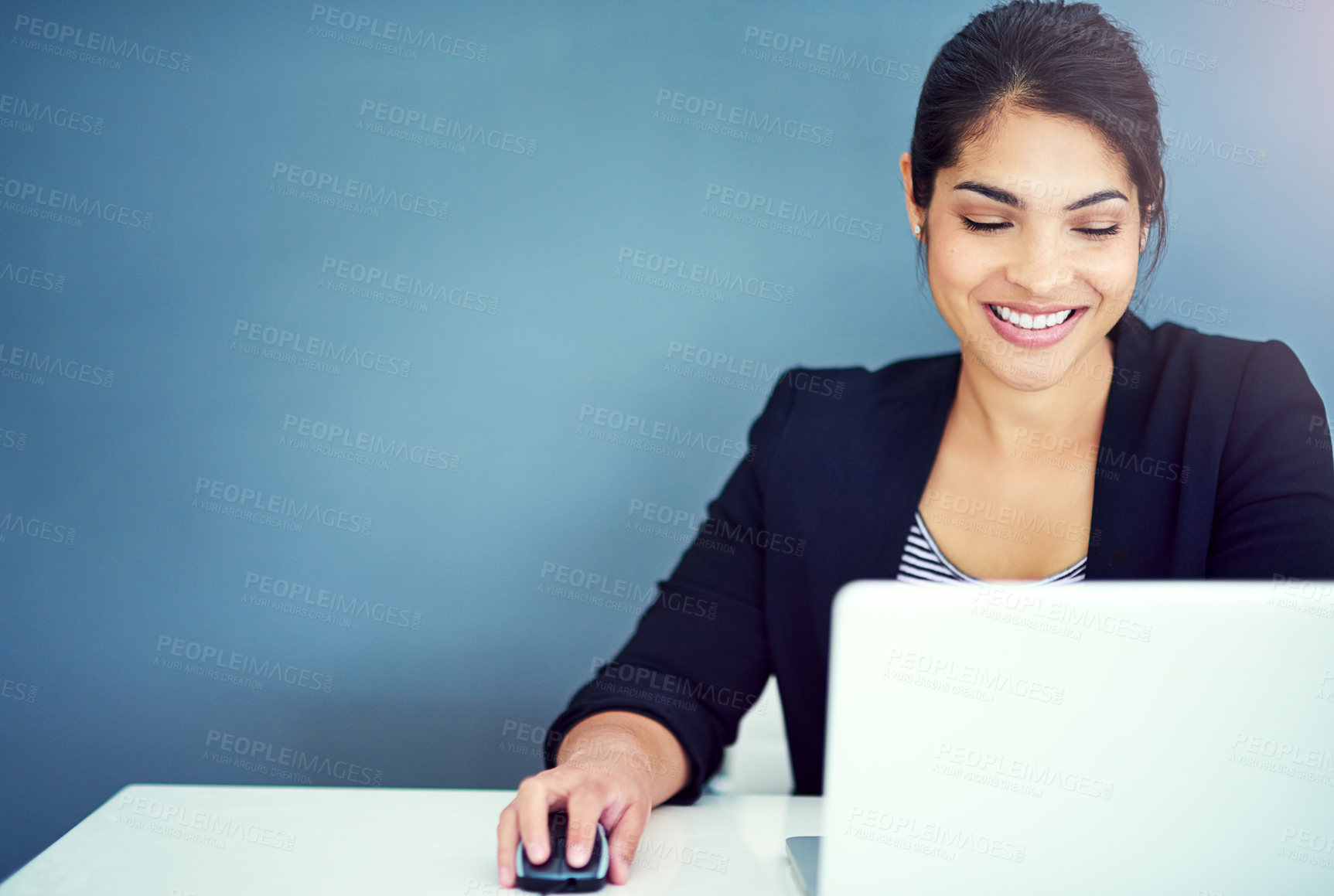 Buy stock photo Office, business woman or content writer with laptop for reading article, online blog and scroll. Career, female journalist and computer for portfolio update, browse email and website by mockup
