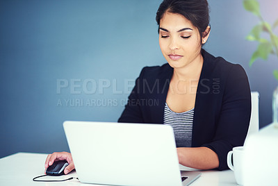 Buy stock photo Businesswoman, work and office with laptop on desk, online review and browsing or project info on company website. Mock up, professional and social networking, administrator and planning schedule