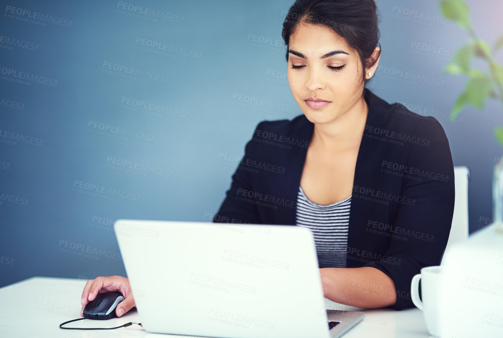 Buy stock photo Businesswoman, work and office with laptop on desk, online review and browsing or project info on company website. Mock up, professional and social networking, administrator and planning schedule