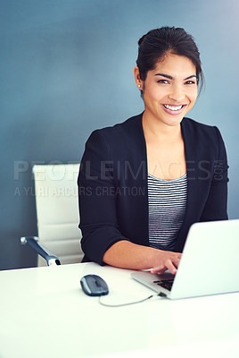 Buy stock photo Smile, laptop and portrait of businesswoman in office for HR work by wall with mockup space. Happy, computer and professional female human resources manager doing research in workplace with mock up.