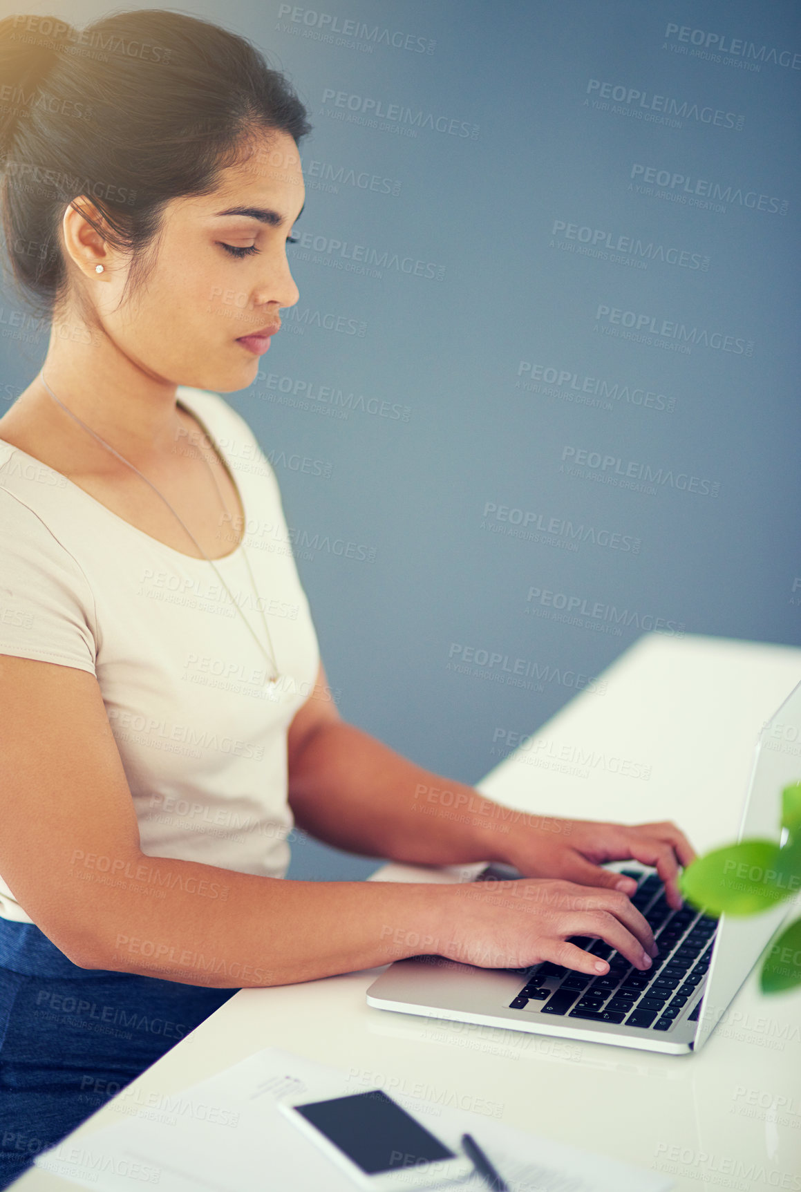 Buy stock photo Woman, laptop and profile in office for proposal, planning and employee at desk for digital report. Female person, mockup space and professional for project management, online and web for research