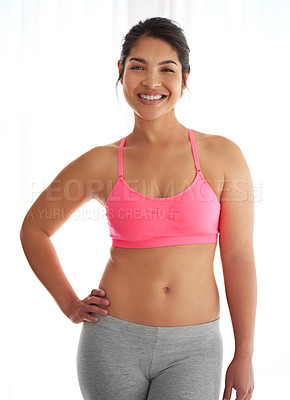 Buy stock photo Portrait, confident and happy woman in studio for abs, fitness and activewear on white background. Proud person, sports bra or healthy athlete ready for losing weight, training workout or exercise