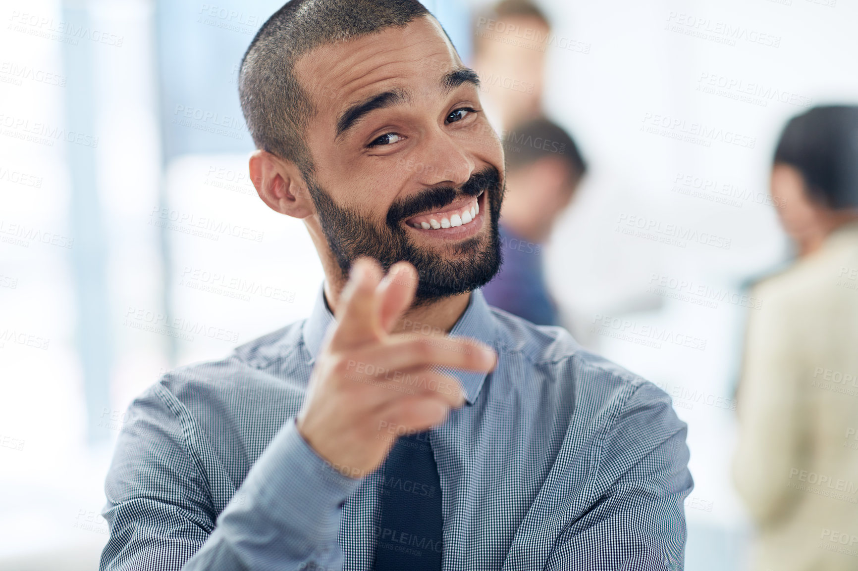 Buy stock photo Happy man, portrait and pointing to you for job opportunity, sale or discount in professional office. Businessman, smile and choice for decision, selection and promotion for career growth or goals