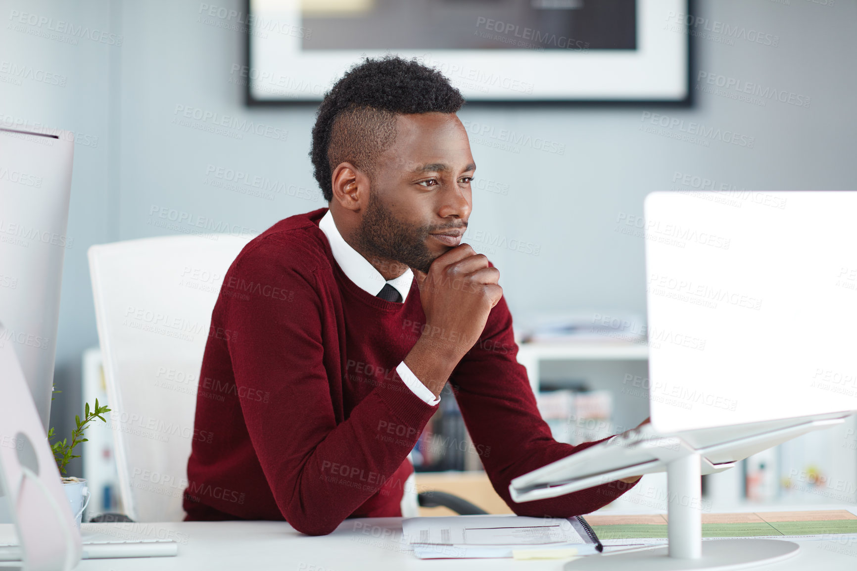 Buy stock photo Black man, working and laptop in office with lawyer brief, report and email at desk with smile. Happy, law firm and professional with planning and tech at attorney workplace with business employee