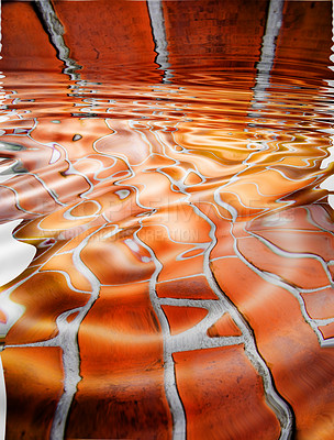 Buy stock photo Fantasy tiles, water and ripples for waves with line shape, orange liquid and textures for creative background. Circular motion, reflection and special effects for wallpaper design with curvy pattern