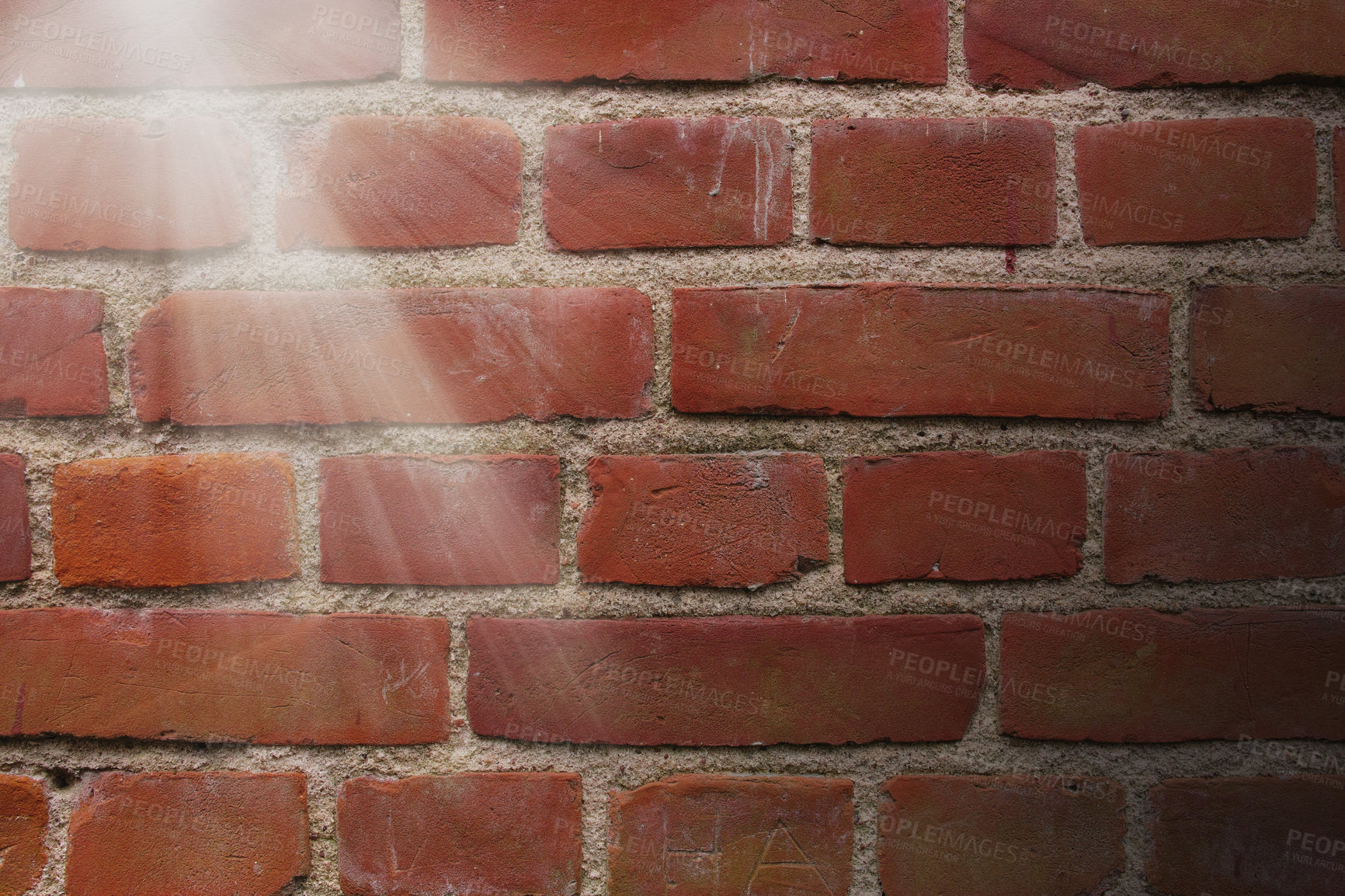 Buy stock photo Outdoor, brick wall and sunshine on surface of home, house or city building with pattern or texture. Exterior, detail background, closeup of rough architecture or construction design on old structure