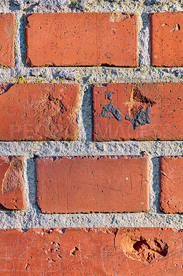 Buy stock photo Brick wall, wallpaper and concrete in vintage architecture for building, cement and city background. Construction, design and texture with stone, outdoor or pattern for maintenance, urban and closeup