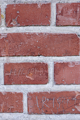 Buy stock photo Brick wall, texture and cement in vintage architecture for building, concrete and city background. Construction, design and wallpaper with stone, outdoor or pattern in mockup space, urban and closeup