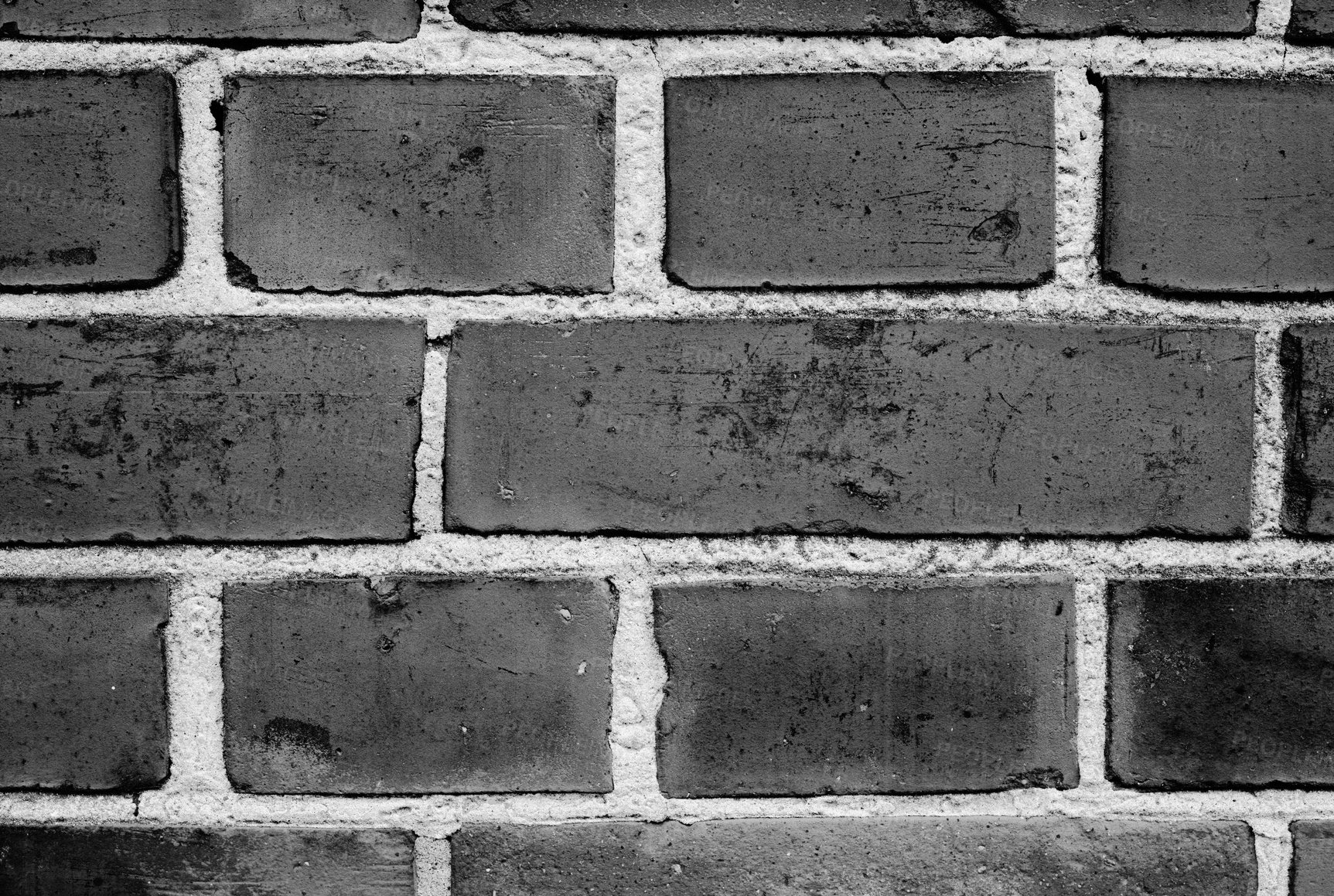 Buy stock photo Brick wall, black and white for closeup of home, house or city building with pattern and texture. Monochrome style, architecture exterior or traditional construction design on firm or old structure