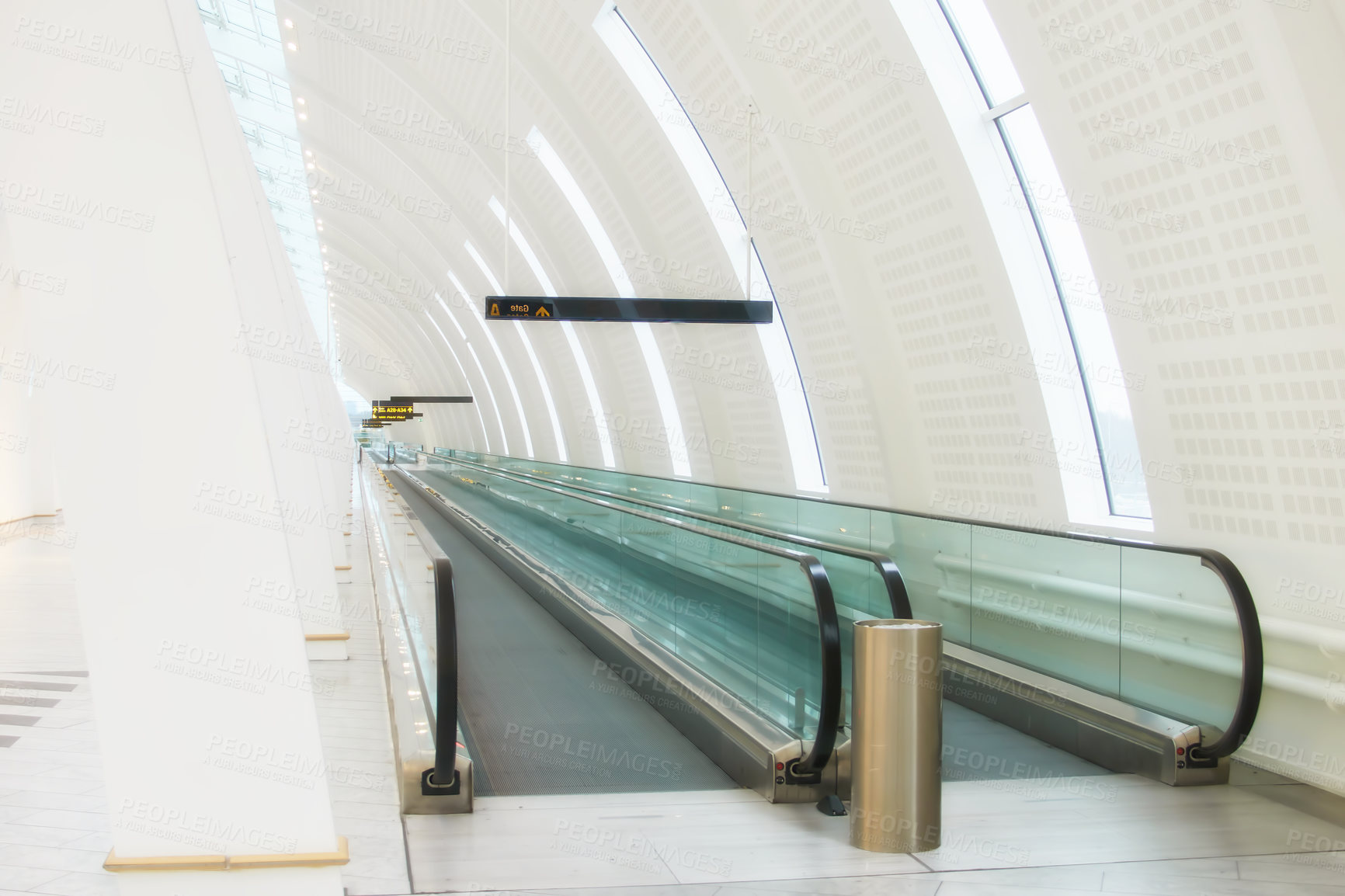 Buy stock photo Airport terminal, design and architecture of building, escalator and entrance of structure, roof and hall. Empty, tiles and corridor in mockup space, clean and floor of lobby, perspective or creative