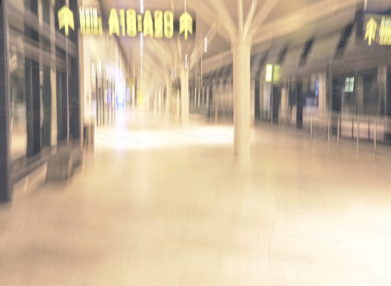 Buy stock photo Airport, blurry and hall of waiting room, empty and floor of terminal, lobby and architecture with detail. Design, interior and ceiling of building, abstract and space in business and corridor