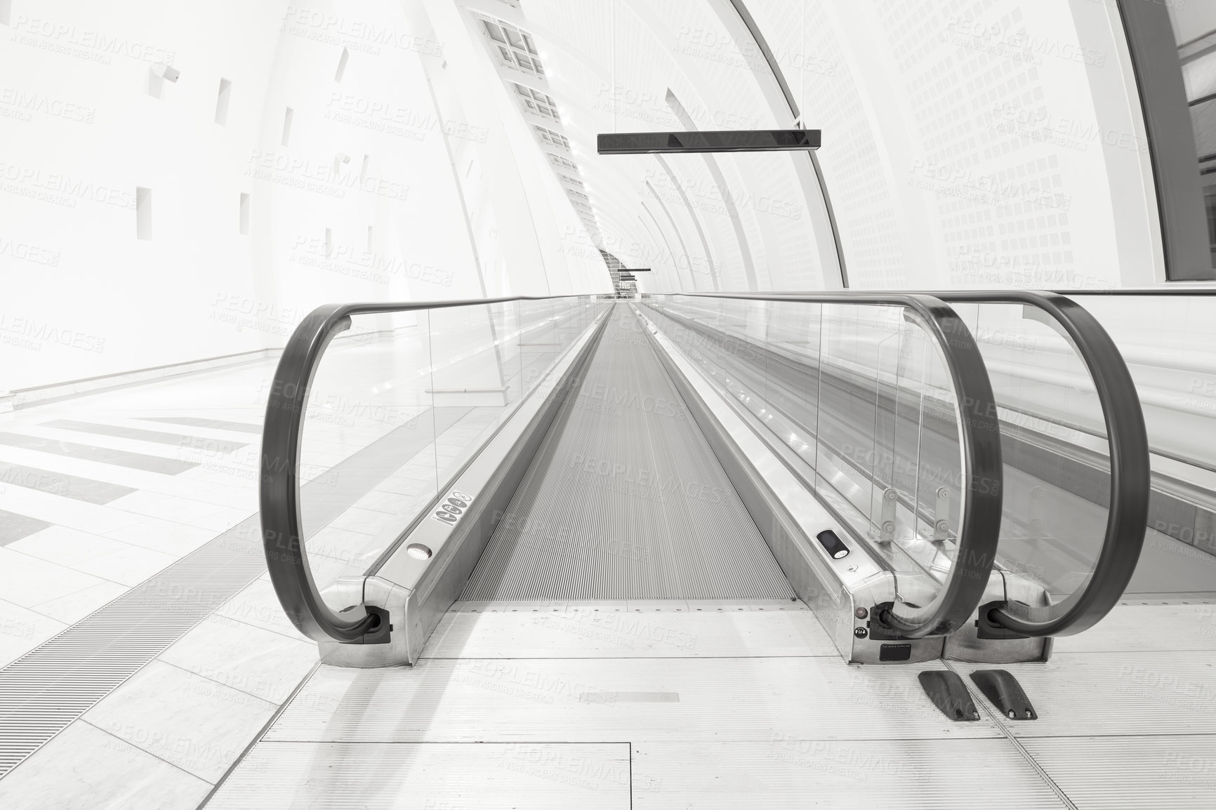 Buy stock photo Escalator, entrance and transport in airport, steps and architecture of room, steel and terminal for travel. Electric, ceiling and moving of stairs, morning and design of machine, metal and structure